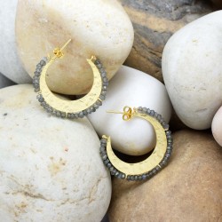 Brass Gold Plated Labradorite Gemstone Round Stud Earrings- A1E-4367