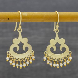 Brass Gold Plated Pearl Gemstone Dangle Earrings- A1E-4368