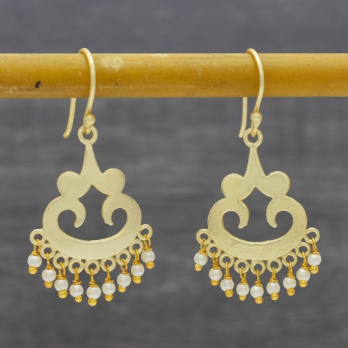 Brass Gold Plated Pearl Gemstone Dangle Earrings- A1E-4368