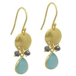 Brass Gold Plated Aqua Chalcedony, Grey Chalcedony Gemstone Dangle Earrings- A1E-4383