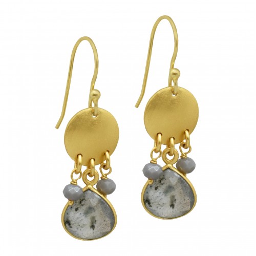 925 Sterling Silver Gold Plated Labradorite, Grey Chalcedony Gemstone Dangle Earrings- A1E-4383