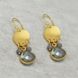 925 Sterling Silver Gold Plated Labradorite, Grey Chalcedony Gemstone Dangle Earrings- A1E-4383