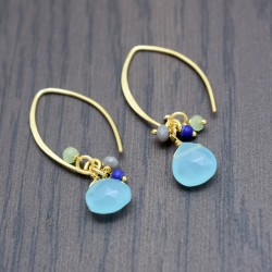 925 Sterling Silver Gold Plated Aqua Chalcedony, Green Chalcedony, Grey Chalcedony, Lapis Gemstone Dangle Earrings- A1E-4386
