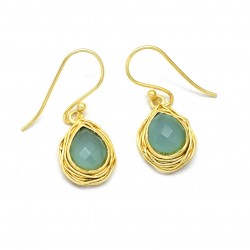 Brass Gold Plated Aqua Chalcedony Gemstone Dangle Earrings- A1E-4390