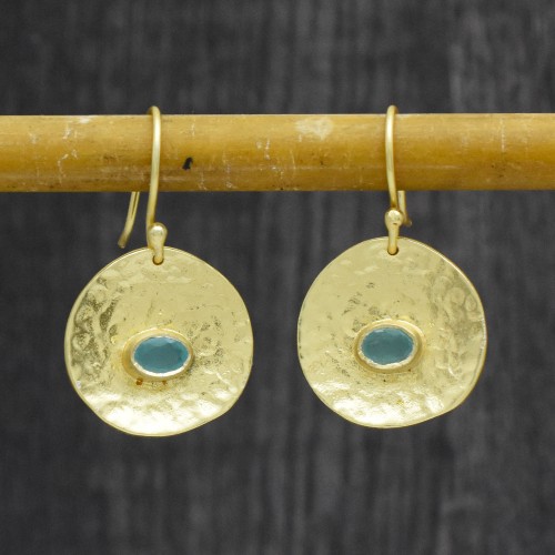 Brass Gold Plated Labradorite, Aqua Chalcedony Gemstone Dangle Earrings- A1E-4392