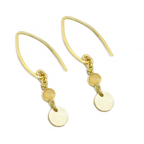 Brass Gold Plated White Chalcedony Gemstone With Round Disc Dangle Earrings- A1E-4403