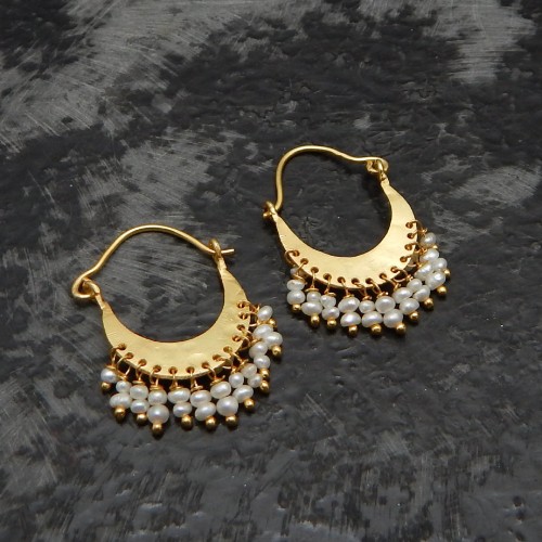 925 Sterling Silver Gold Plated Pearl Gemstone Hoop Earrings- A1E-4411