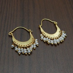 925 Sterling Silver Gold Plated Pearl Gemstone Hoop Earrings- A1E-4411