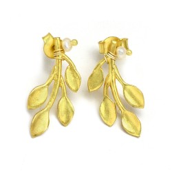 Brass Gold Plated Pearl Gemstone Leaf Stud Earrings- A1E-4413