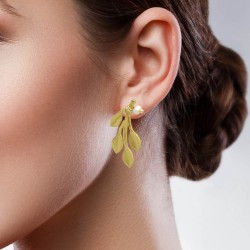 Brass Gold Plated Pearl Gemstone Leaf Stud Earrings- A1E-4413