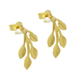 925 Sterling Silver Gold Plated Pearl Gemstone Leaf Stud Earrings- A1E-4413