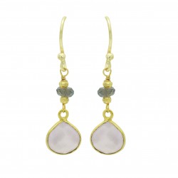 925 Sterling Silver Gold Plated Rainbow, Pearl, Rose Quartz, Labradorite Gemstone Dangle Earrings- A1E-450