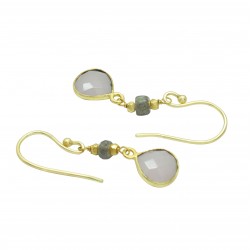 925 Sterling Silver Gold Plated Rainbow, Pearl, Rose Quartz, Labradorite Gemstone Dangle Earrings- A1E-450