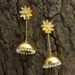 Brass Gold Plated Pearl Gemstone Jhumka Earrings- A1E-4597