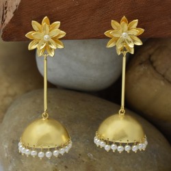 Brass Gold Plated Pearl Gemstone Jhumka Earrings- A1E-4597