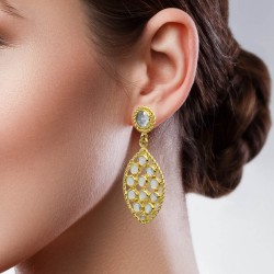 Brass Gold Plated Polki Gemstone Stud Earrings- A1E-4676