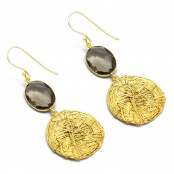 Brass Gold, Silver Plated Smoky Gemstone Dangle Earrings- A1E-4692