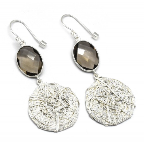 Silver Plated Smoky Gemstone Dangle Earrings- A1E-4692