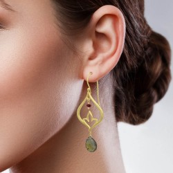 925 Sterling Silver Gold Plated Ruby, Labradorite Gemstone Dangle Earrings- A1E-4695