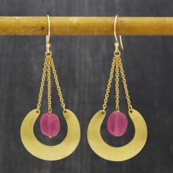 Brass Gold Plated Pink Quartz Gemstone Dangle Earrings- A1E-473