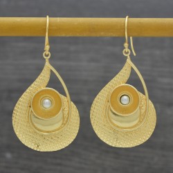 Brass Gold Plated Pearl Gemstone Dangle Earrings- A1E-4757