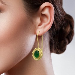 925 Sterling Silver Gold Plated Green Onyx Gemstone Dangle Earrings- A1E-4792