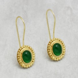 925 Sterling Silver Gold Plated Green Onyx Gemstone Dangle Earrings- A1E-4792