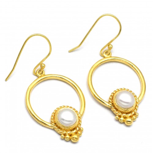 925 Sterling Silver Gold Plated Pearl Gemstone Dangle Earrings- A1E-4793
