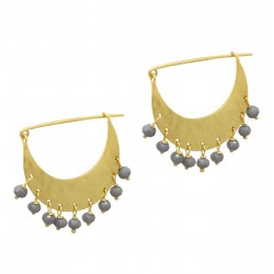 Brass Gold Plated Grey Chalcedony Gemstone Hoop Earrings- A1E-4852