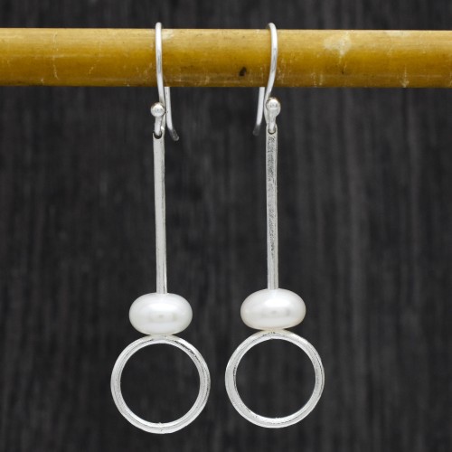 Brass Silver Plated Pearl Gemstone Dangle Earrings- A1E-4853