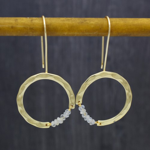 Brass Gold Plated Rainbow Moonstone Gemstone Dangle Earrings- A1E-4854