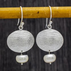 Brass Silver Plated Pearl Gemstone Dangle Earrings- A1E-4918