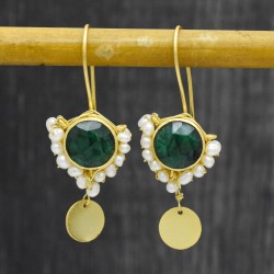 925 Sterling Silver Gold Plated Emerald, Pearl Gemstone Dangle Earrings- A1E-492
