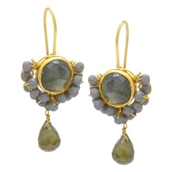 Brass Gold Plated Labradorite, Grey Chalcedony, Rose Quartz Gemstone Dangle Earrings- A1E-492