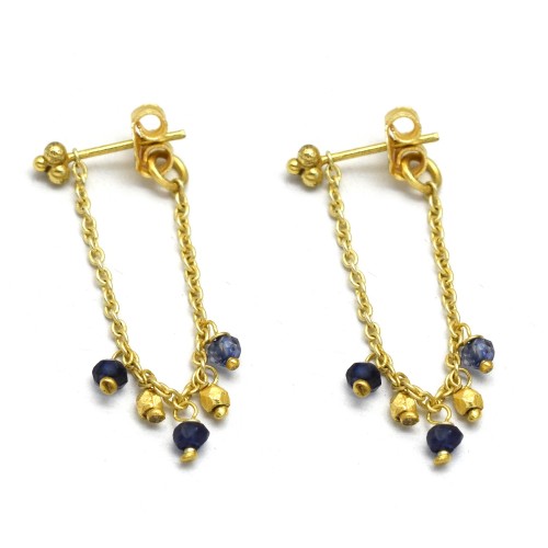 Brass Gold Plated Iolite Gemstone Stud Earrings- A1E-4927