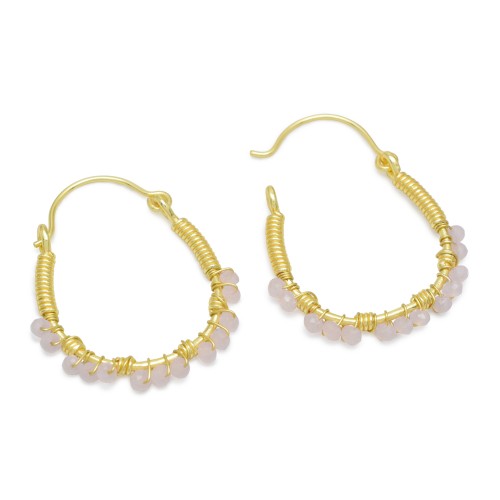 Brass Gold Plated Rose Quartz Gemstone Hoop Earrings- A1E-4946