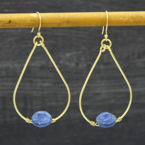 925 Sterling Silver Gold Plated Lapis Lazuli, Labradorite Gemstone Dangle Earrings- A1E-506