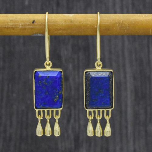 925 Sterling Silver Gold Plated Vessonite, Lapis Lazuli, Labradorite Gemstone Dangle Earrings- A1E-5095