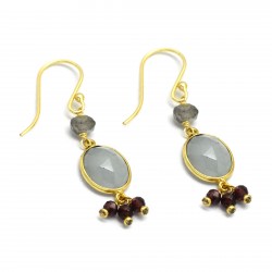 Brass Gold Plated Labradorite, Aqua Chalcedony, Garnet Gemstone Dangle Earrings- A1E-5117