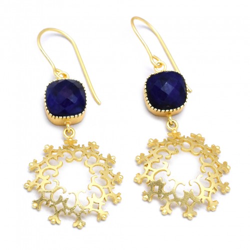 925 Sterling Silver Gold Plated Blue Sapphire Gemstone Dangle Earrings- A1E-5120