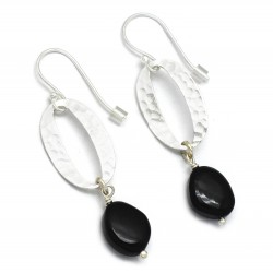 Brass Silver Plated Black Onyx Gemstone Dangle Earrings- A1E-5129
