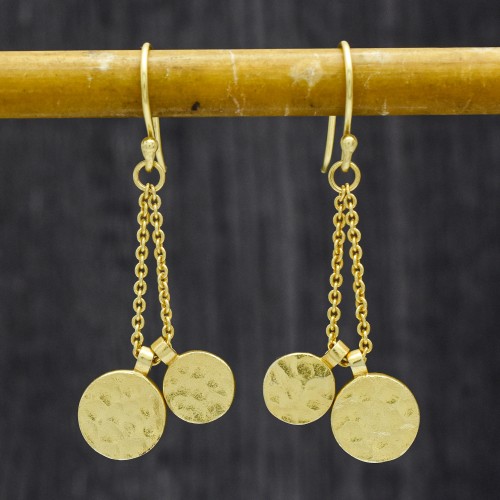 Brass Gold Plated Hammered Round Disc Dangle Earrings- A1E-5157