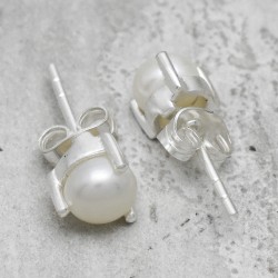Brass Silver Plated Pearl Gemstone Stud Earrings- A1E-5169