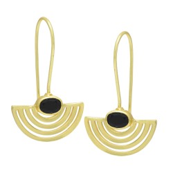 925 Sterling Silver Gold Plated Black Onyx Gemstone Dangle Earrings- A1E-5181