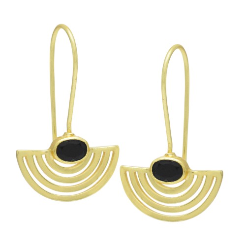 Brass Gold Plated Black Onyx Gemstone Dangle Earrings- A1E-5181
