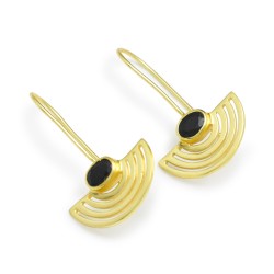 925 Sterling Silver Gold Plated Black Onyx Gemstone Dangle Earrings- A1E-5181