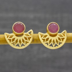 Brass Gold Plated Pink Quartz Gemstone Stud Earrings- A1E-5205