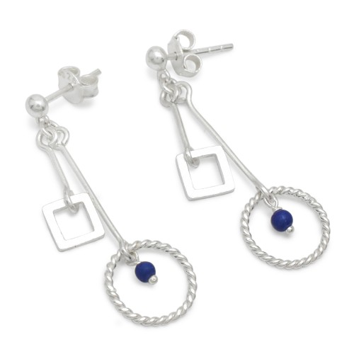 925 Sterling Silver Silver Plated Lapis Lazuli Gemstone Stud Earrings- A1E-5237