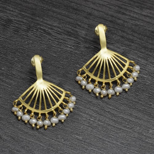 Brass Gold Plated Pearl Gemstone Stud Earrings- A1E-5307