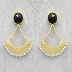 Brass Gold Plated Black Onyx, Pearl Gemstone Stud Earrings- A1E-5387